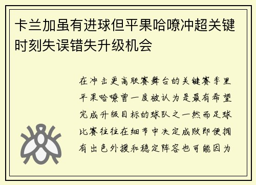 卡兰加虽有进球但平果哈嘹冲超关键时刻失误错失升级机会