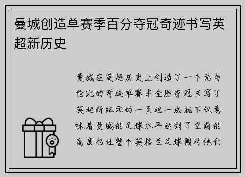 曼城创造单赛季百分夺冠奇迹书写英超新历史
