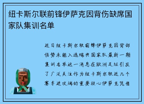纽卡斯尔联前锋伊萨克因背伤缺席国家队集训名单 纽卡斯尔联前锋伊萨克因背伤缺席国家队集训名单